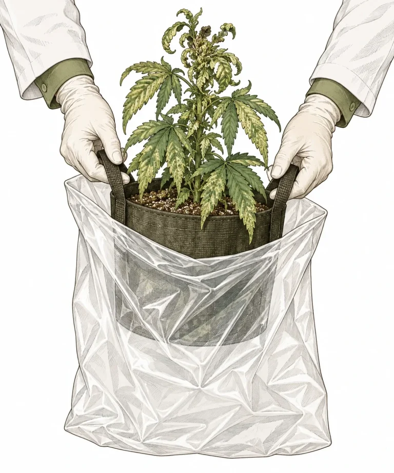 Der PlantMentor verpackt mit Handschuhen eine virusbefallene Cannabispflanze samt Topf in einen Plastiksack