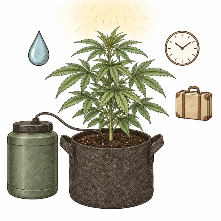 Cannabis plant in a fabric pot with a water tank and icons for water, time savings and vacation