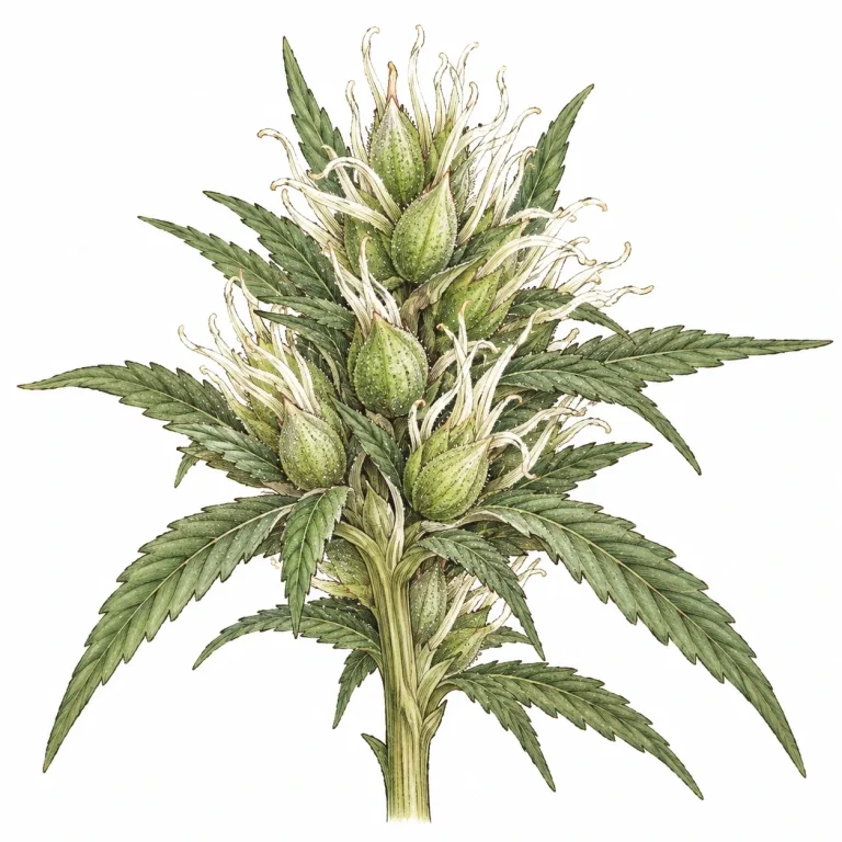 Reliably identifying a female cannabis plant: young flower cluster with calyxes and white pistils