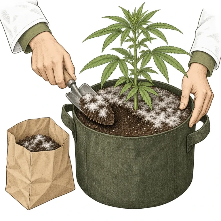 A grower’s hands using a small trowel to scrape the moldy top layer of soil out of a cannabis fabric pot