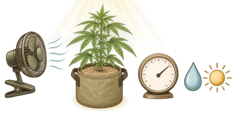 Fan, hygrometer and a healthy cannabis plant in a fabric pot with a dry soil surface to prevent mold