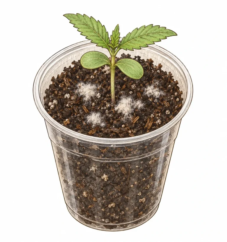 Cannabis seedling in a clear plastic cup with fuzzy white mold patches on the damp soil