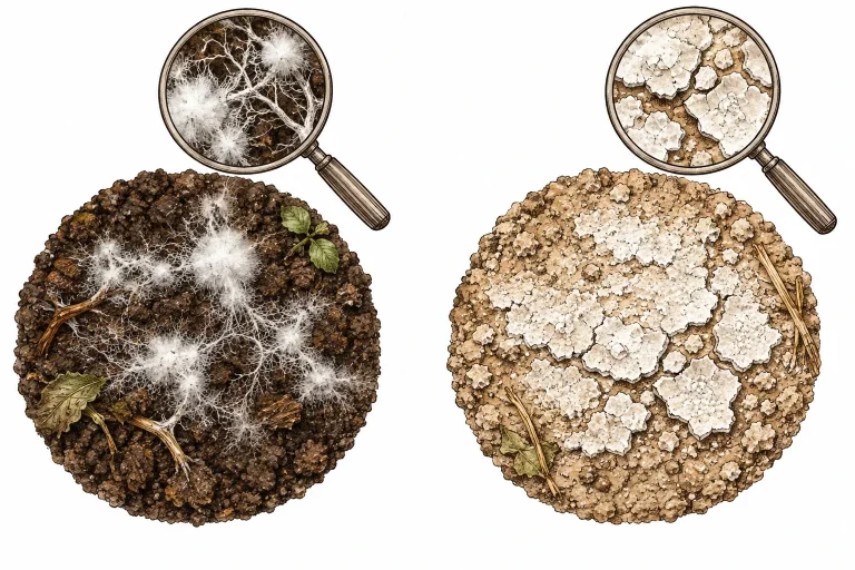Two soil samples side by side: fuzzy white mold on damp soil on the left, a hard white salt crust on dry soil on the right