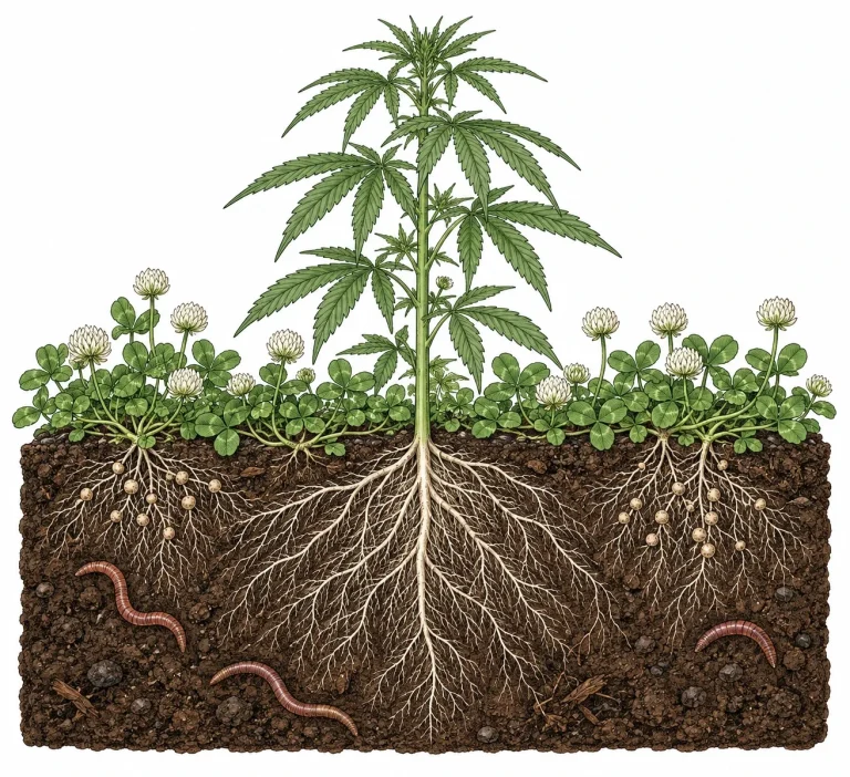 Cross-section of garden bed soil showing cannabis roots and white clover with root nodules as a living ground cover