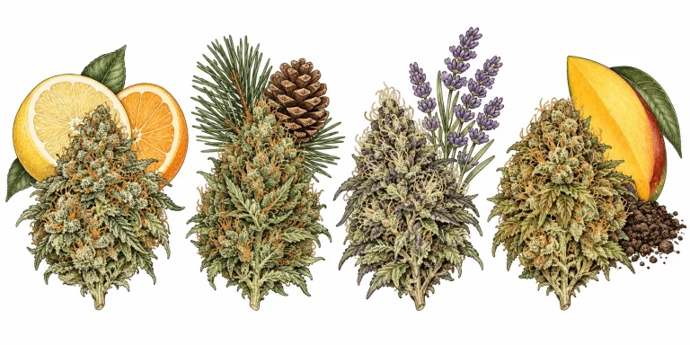 Four cannabis buds with a lemon, pine sprig, lavender and mango representing limonene, pinene, linalool and myrcene