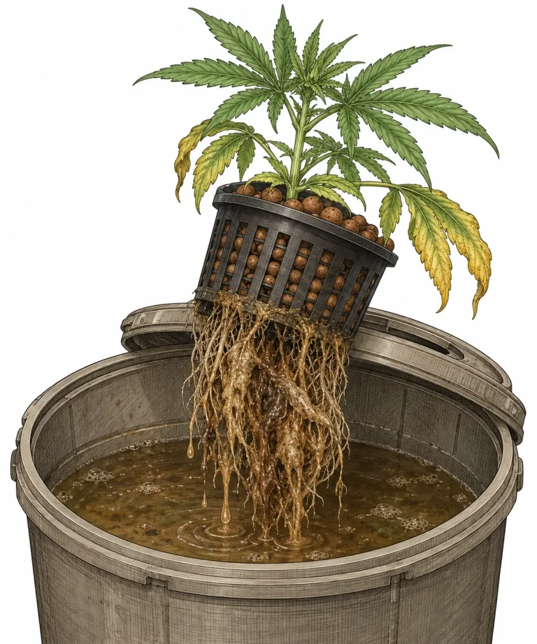 Brown, slimy cannabis roots in a net pot, a sign of root rot in DWC