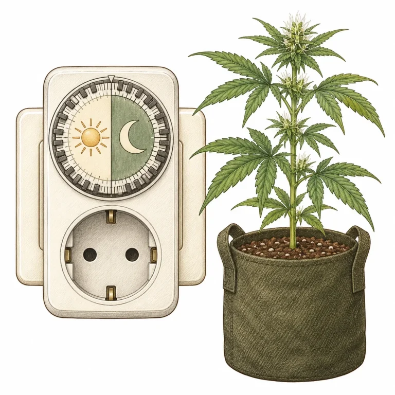 Timer with a dial marked half with a sun and half with a moon, next to a cannabis plant in early flower