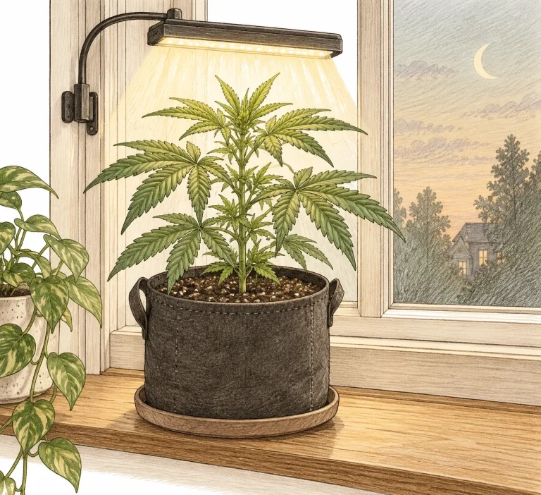 Young cannabis plant at a window in the evening, lit from above by a warm supplemental light