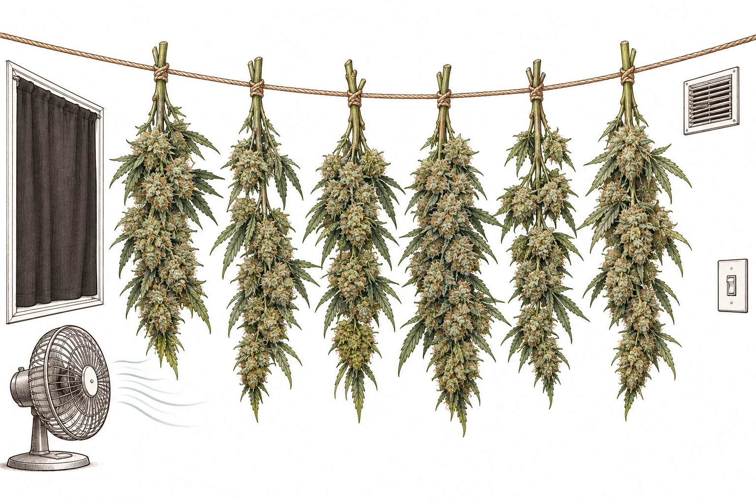 Cannabis Äste Wäscheleine Trockenraum abgedunkelt