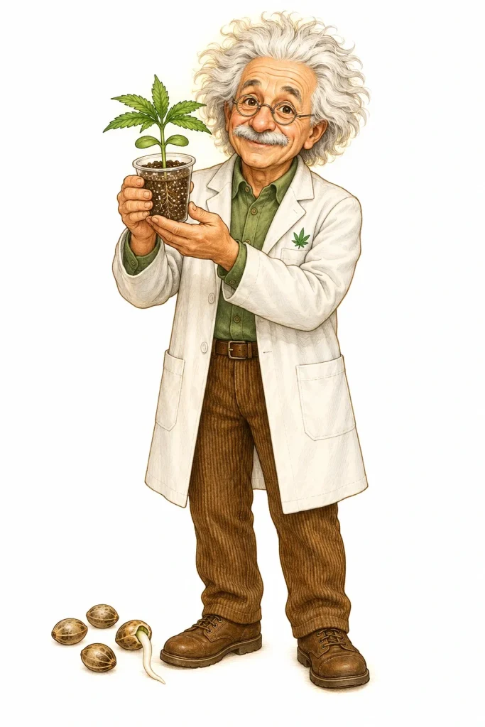 Cannabis Anzucht: Der PlantMentor hält einen jungen Cannabis-Sämling im kleinen Anzuchtbecher