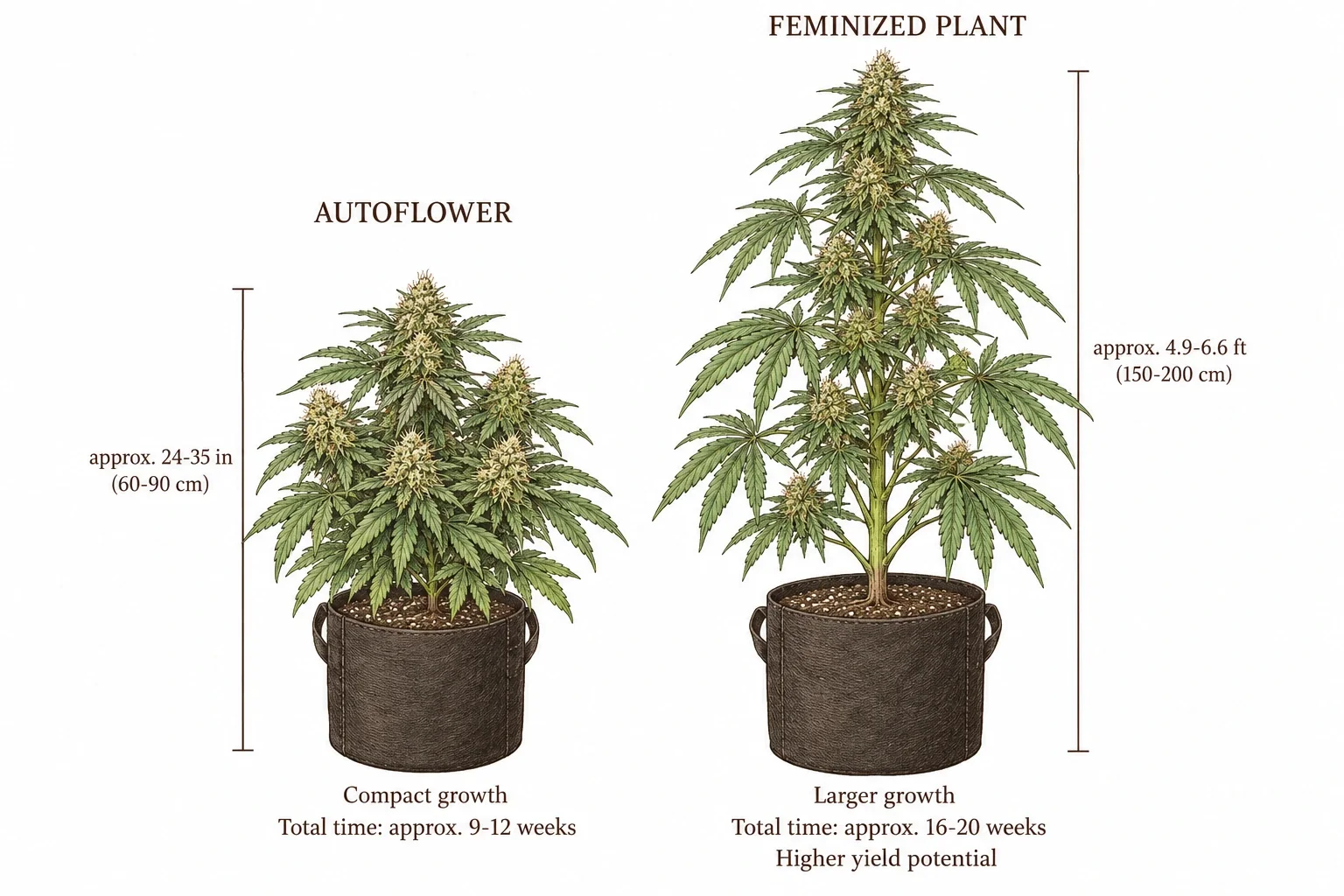 Compact autoflower and a larger feminized cannabis plant side by side outdoors