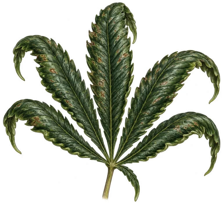 Close-up of a dark green cannabis leaf with curled edges and small brown spots