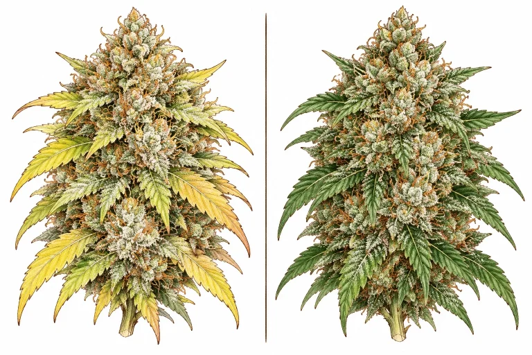 Two cannabis buds side by side: left with fading sugar leaves after flushing, right deep green