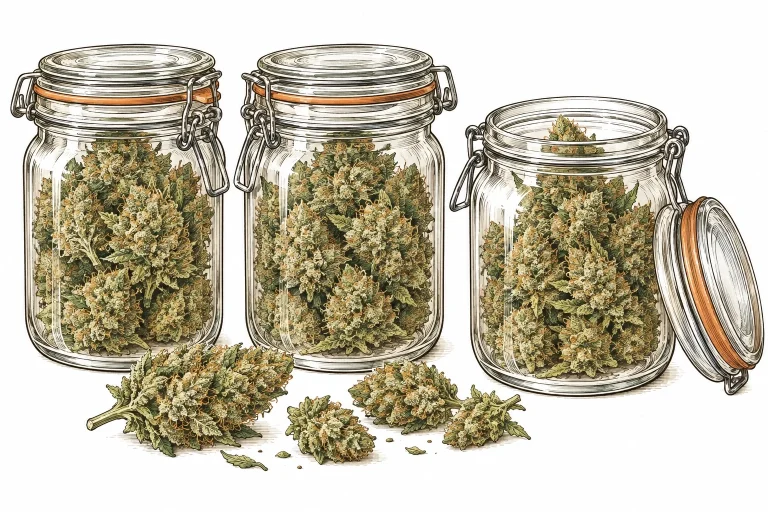 Mason jars with dried cannabis buds curing, one jar opened for burping