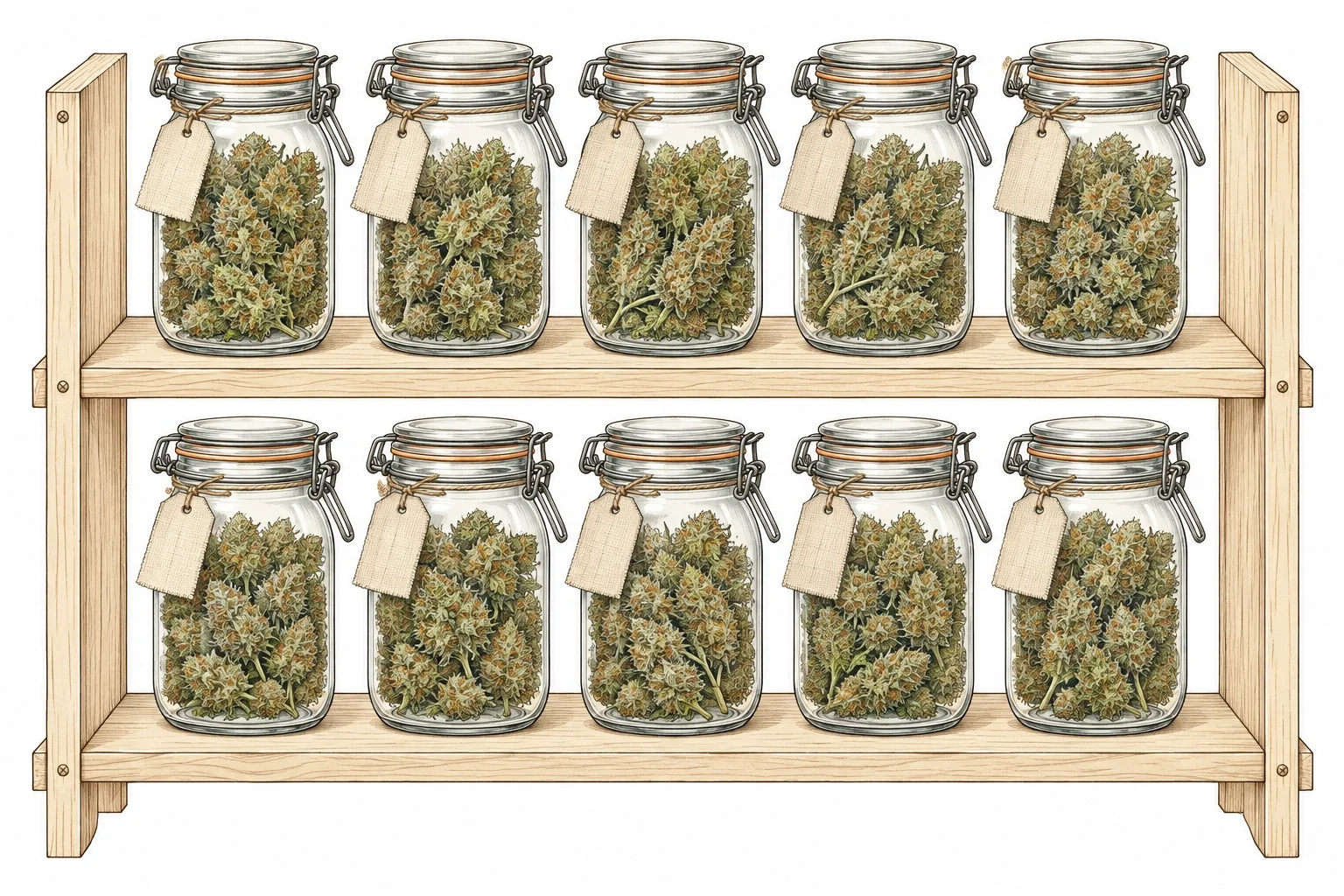 Cannabis Curing Gläser Stoffanhänger Holzregal