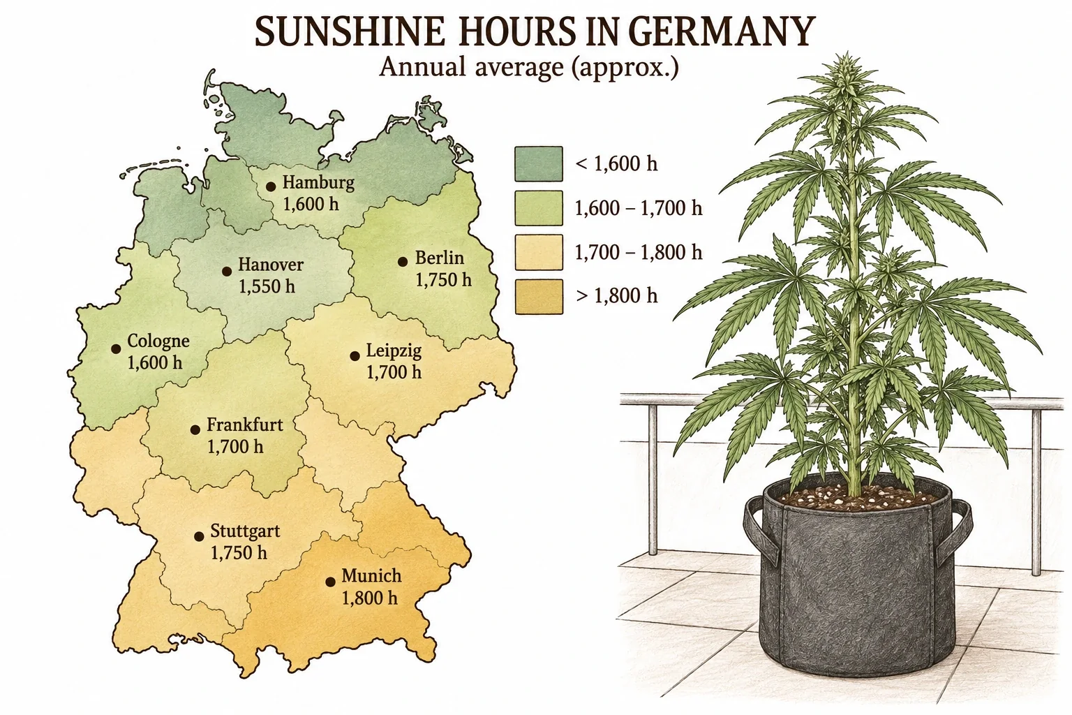 Map showing regional sunshine hours next to a healthy cannabis plant on a patio