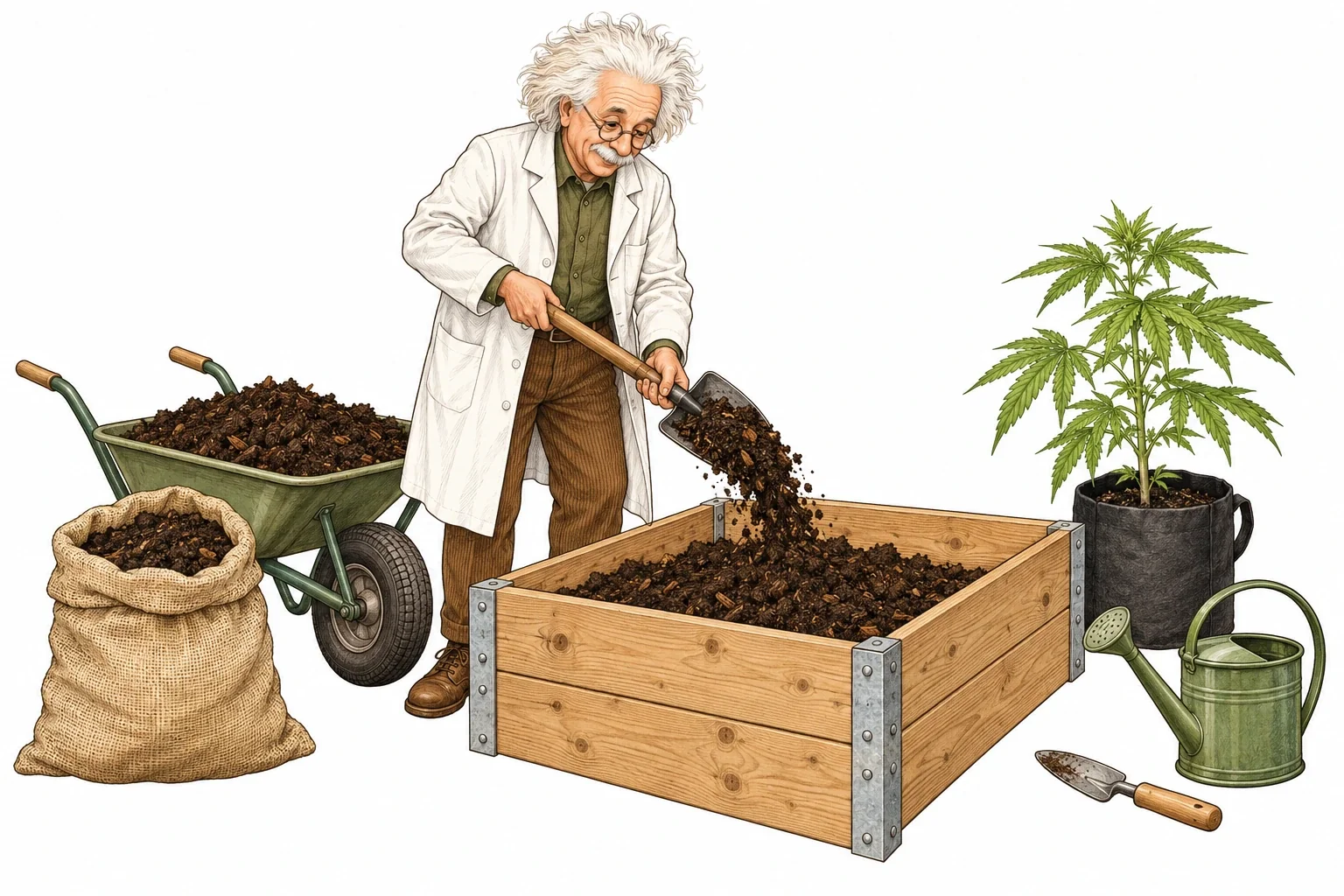 Gärtner mischt Komposterde in ein Hochbeet für den Outdoor-Anbau von Cannabis in einem sonnigen Garten