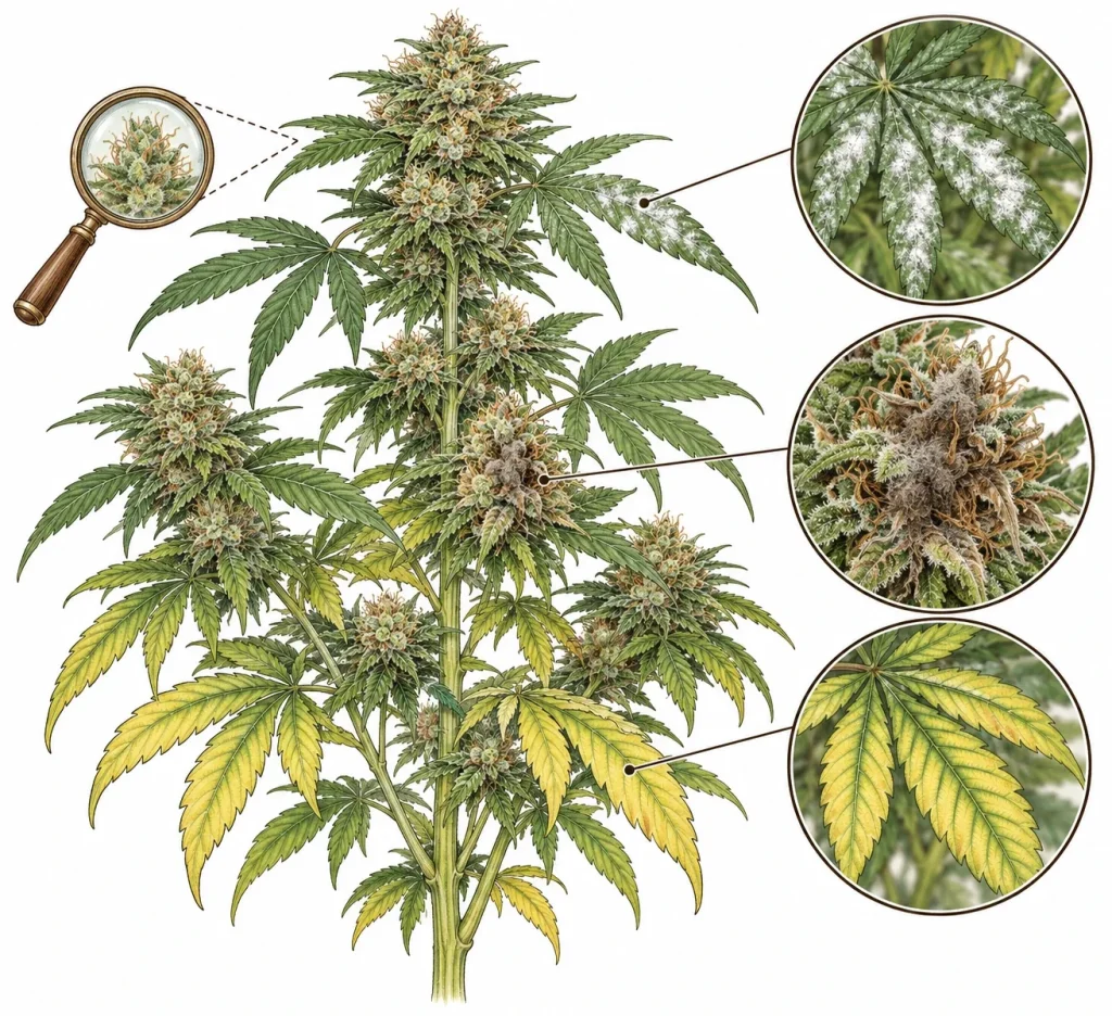 Cannabis diseases on leaves: powdery mildew, bud rot and nutrient deficiency symptoms on a cannabis plant