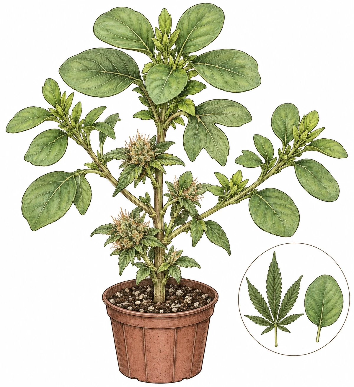 Cannabis Monster Cropping Image 4 — During re-vegging, the clone first grows round, single-bladed leaves instead of the usual fan leaves