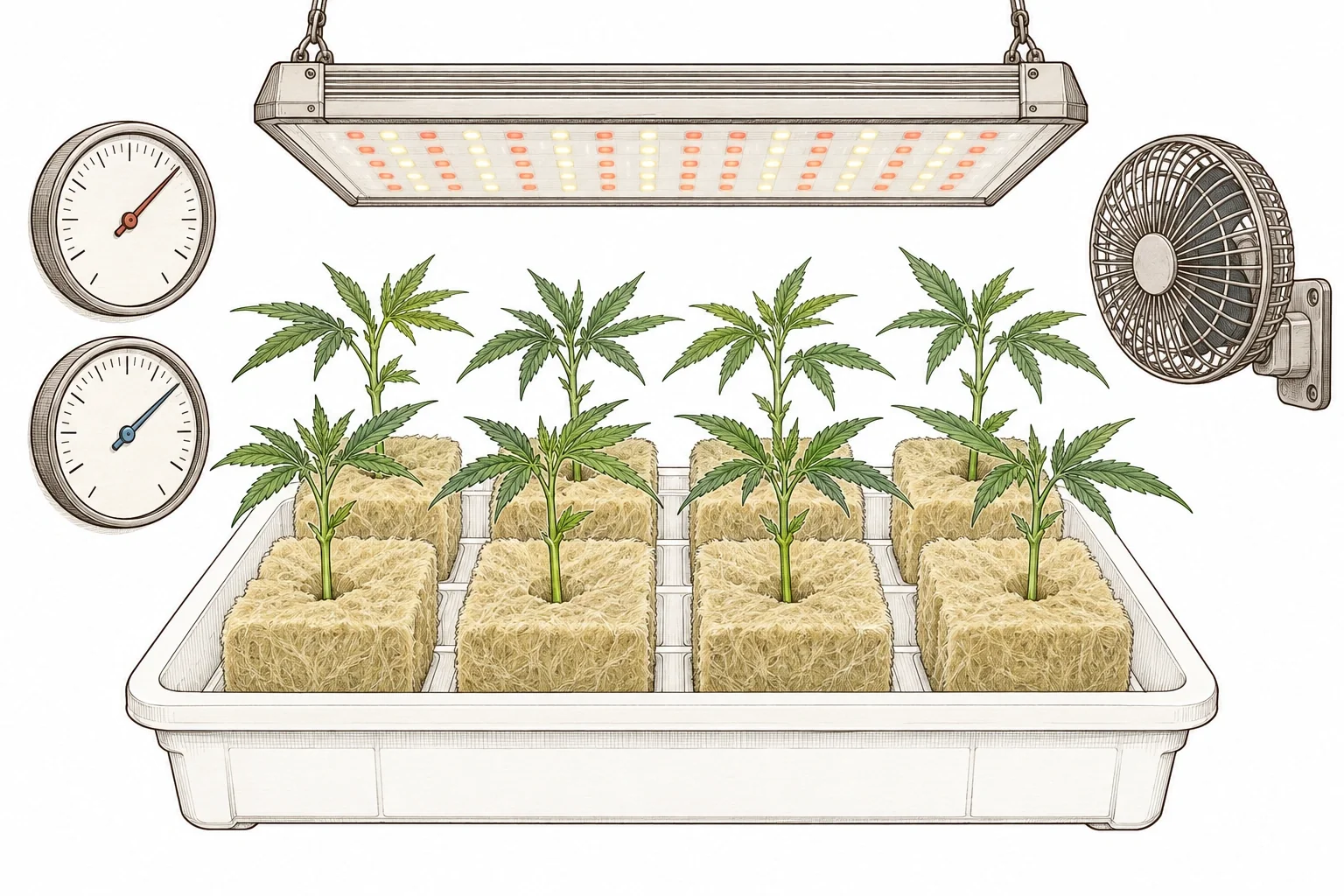 Cannabis monster cropping image 7 — When rooting in rockwool cubes, steady temperature and humidity are especially important, so monitoring with a meter pays off