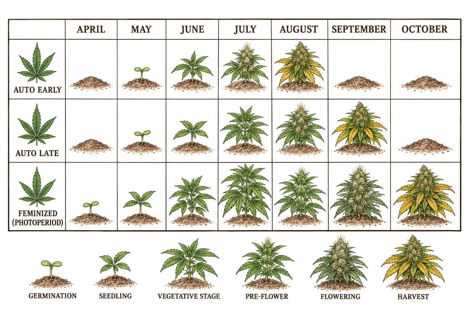 Calendar from April to October showing the growth stages of different outdoor cannabis strains for short-season climates