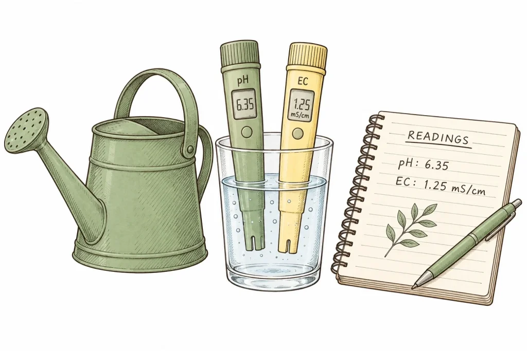 A pH pen and an EC pen stand in a glass of water next to a watering can and a notebook listing readings of pH 6.35 and EC 1.25 mS/cm.