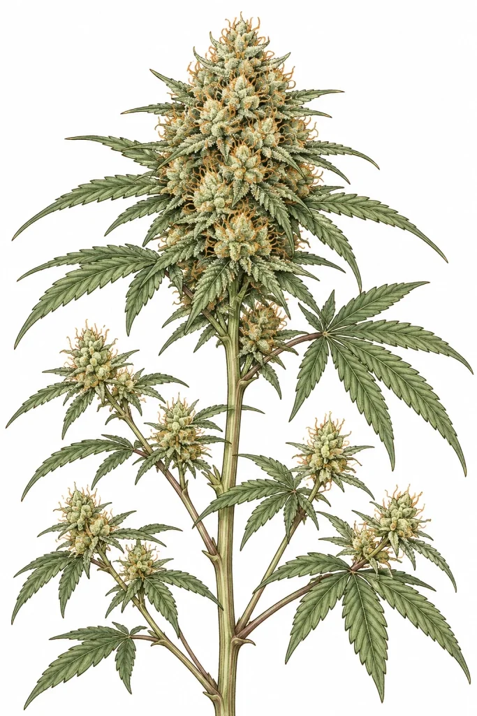 Small, loose popcorn buds on the lower branches of a cannabis plant next to a dense, resinous main cola