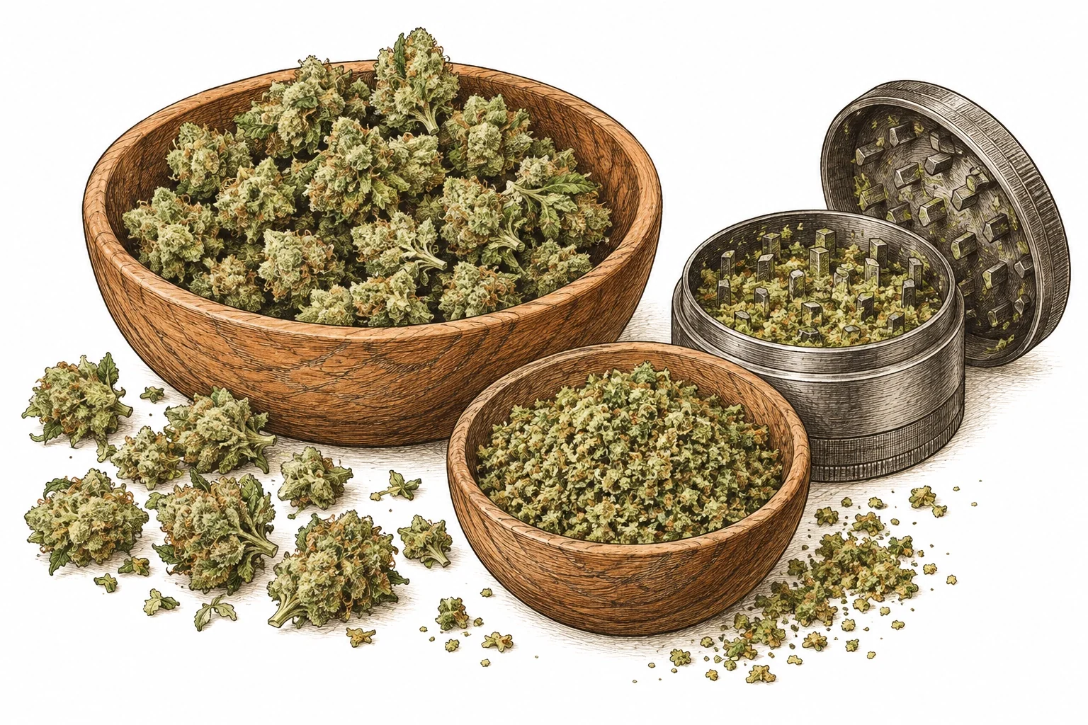 Cannabis popcorn buds ground up in a bowl