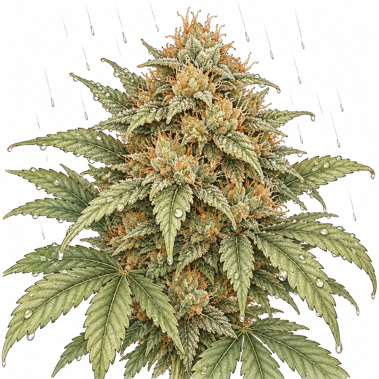 Nahaufnahme gesunder Cannabis Blüten im Regen mit Wassertropfen auf Blättern und Blüten ohne sichtbaren Schimmel