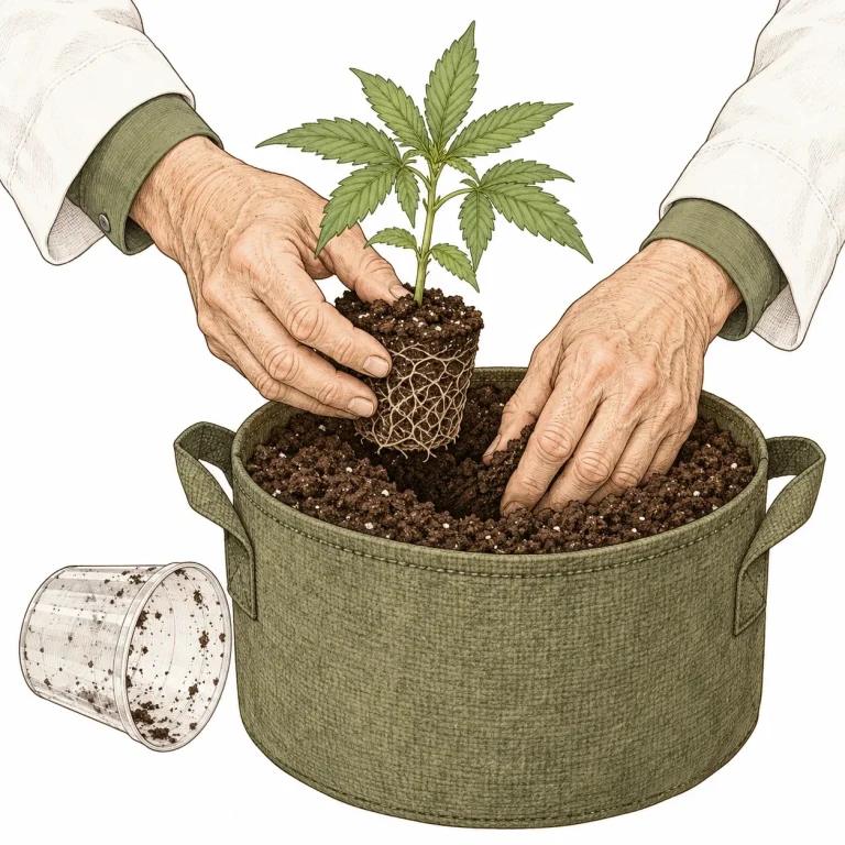 Der PlantMentor topft einen Cannabis-Sämling aus dem Anzuchtbecher in einen Stofftopf mit frischer Erde um