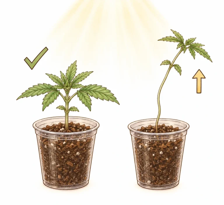 Vergleich eines kompakten, gesunden Cannabis-Sämlings mit einem vergeilten Sämling mit langem, dünnem Stängel