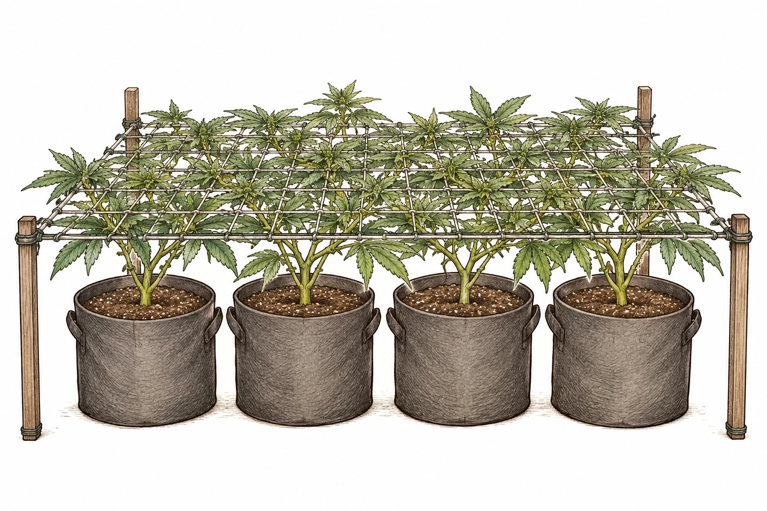 Cannabis SCROG image 1 — The SCROG net is stretched 8 to 10 in (20 to 25 cm) above the pots, and the branches are guided horizontally through it