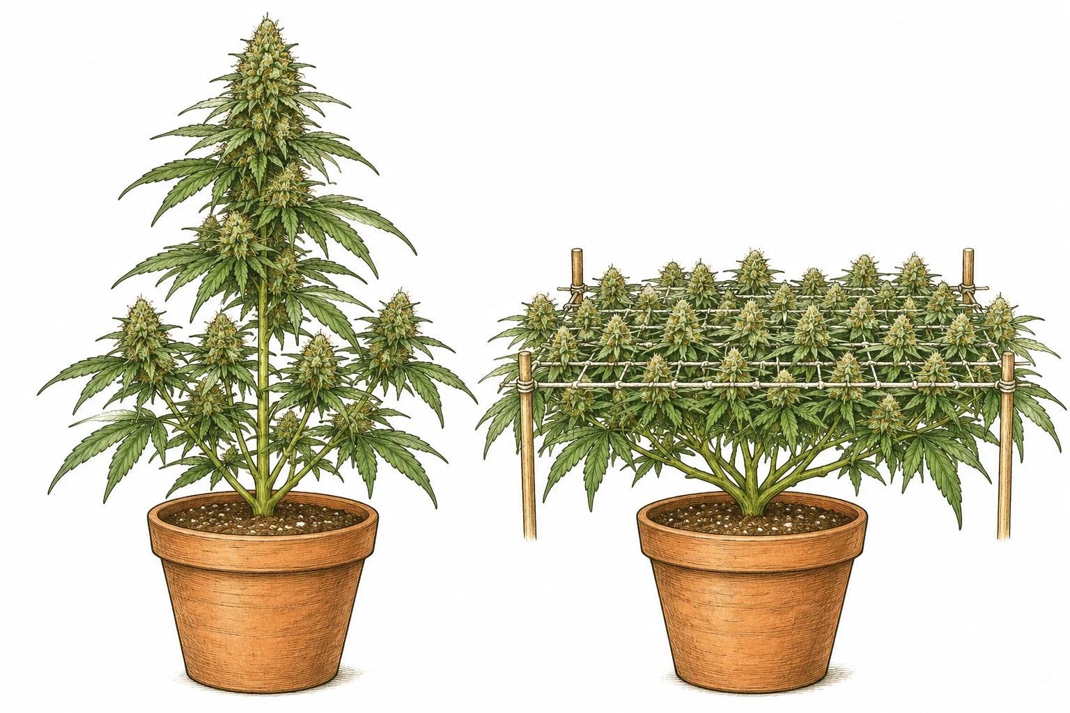 Cannabis SCROG image 2 — Without training, the plant grows with one tall main stem (left)
