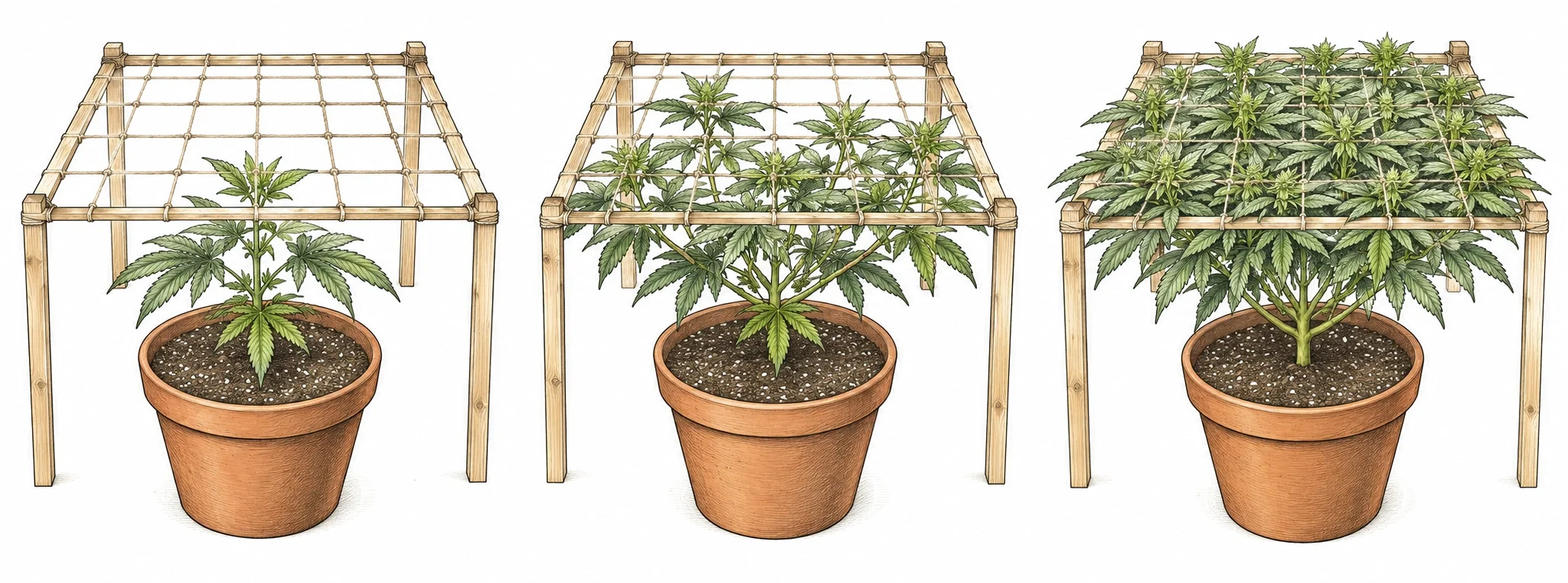 Cannabis SCROG image 5 — From setting up the net and weaving in the first shoots to a fully filled net right before flowering