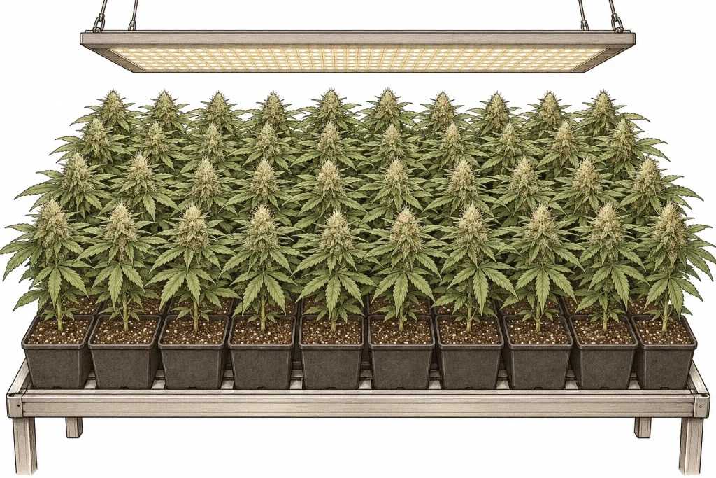 Sea of green grow room with many small cannabis plants forming an even, dense canopy of main colas