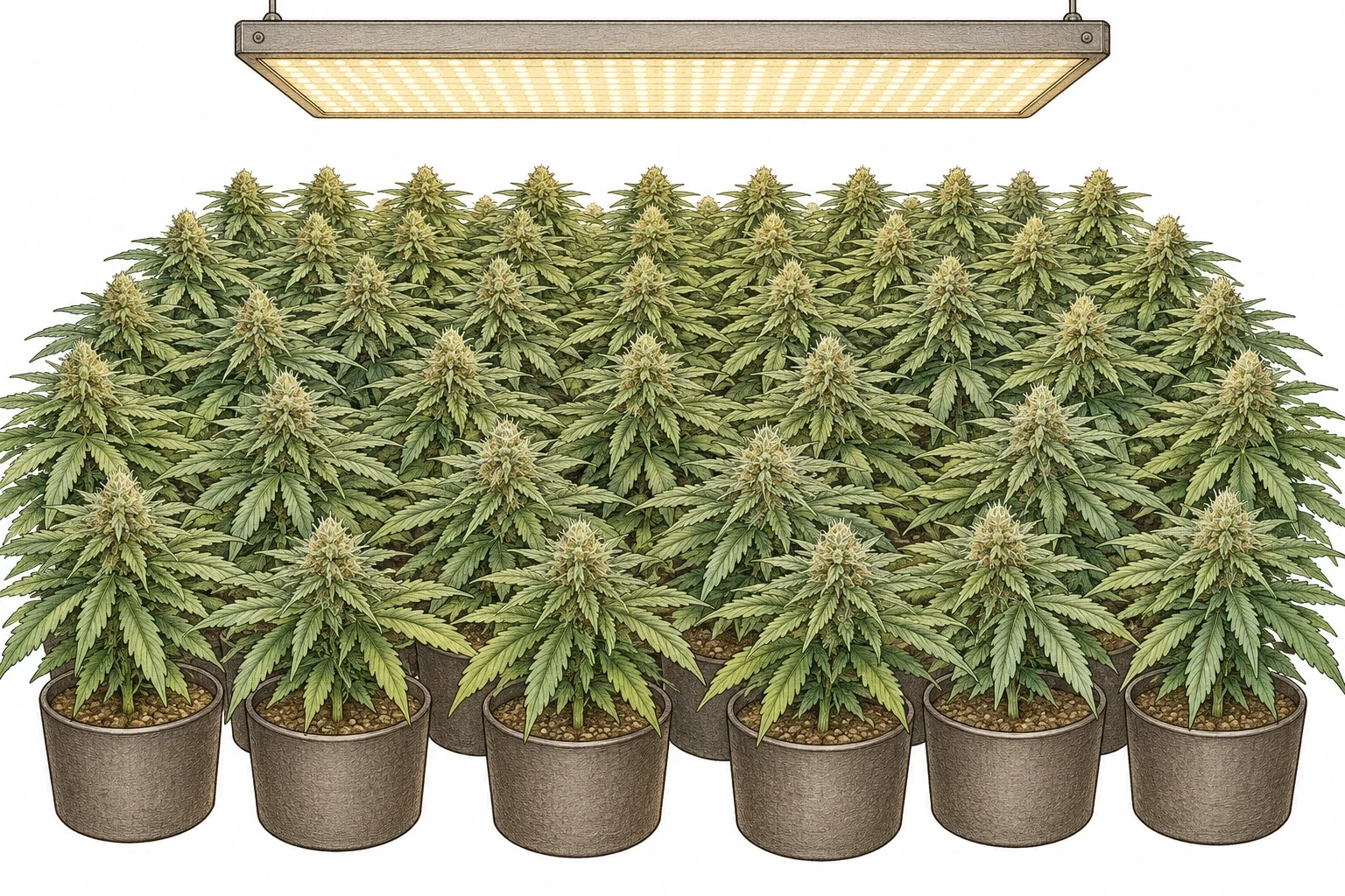 Cannabis Sea of Green Bild 8 — Ein LED-Panel bestrahlt die flache, gleichmäßige Canopy eines SoG-Setups besonders effizient