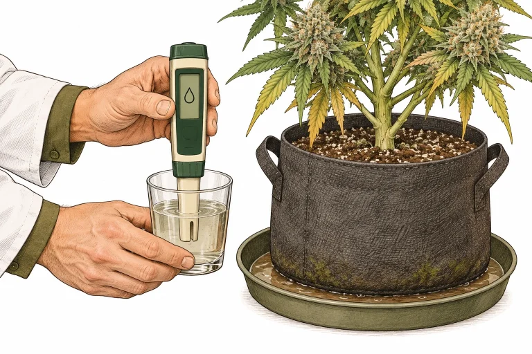 A grower’s hands testing the runoff of a flowering cannabis plant with a pH meter