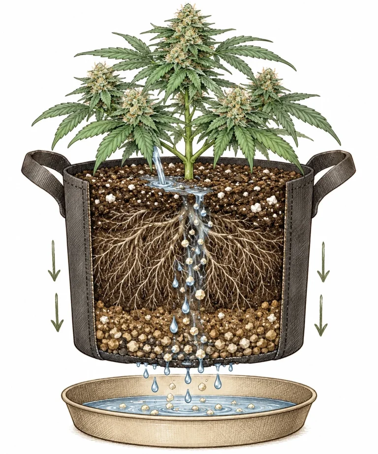 Cross-section of a fabric pot: water flushing nutrient salts out of the soil of a flowering cannabis plant