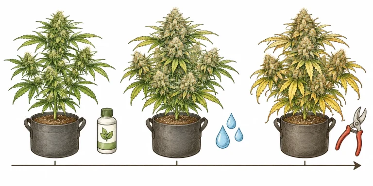 Timeline of a cannabis plant from feeding to flushing with plain water to harvest