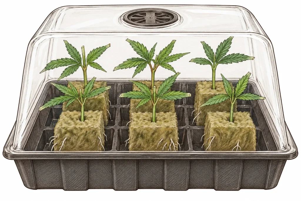 How to clone cannabis: fresh cannabis cuttings rooting in cubes under a clear humidity dome