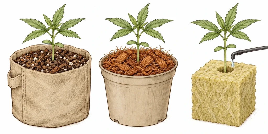 Coco vs soil vs rockwool growing media compared side by side for indoor cannabis plants