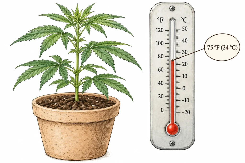 Healthy young cannabis plant in a pot next to a wall thermometer showing the ideal grow temperature of 75 °F (24 °C).