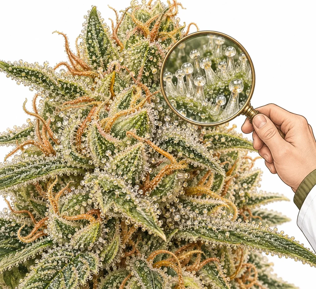 Close-up of resinous trichomes on a cannabis bud, where cannabis terpenes are produced and stored