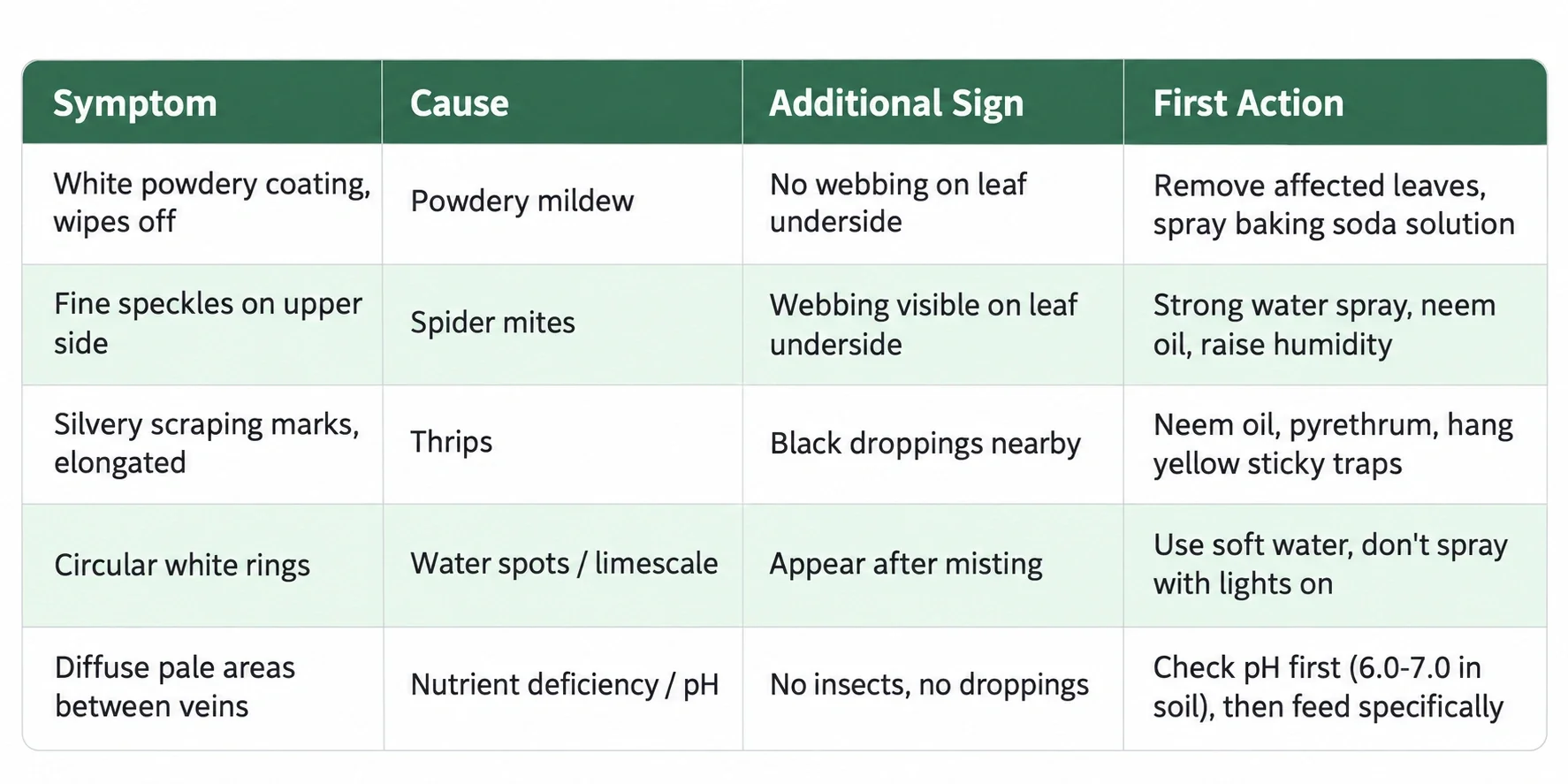 Diagnosis table for white spots on cannabis leaves: symptom, cause, extra sign and first step for spider mites, powdery mildew, thrips, water spots and nutrient deficiencies
