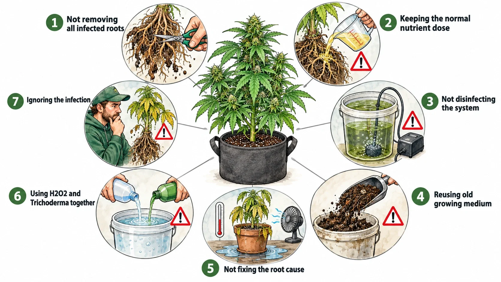 The 7 most common mistakes after root rot in cannabis: infographic with a potted cannabis plant and seven numbered mistake scenes