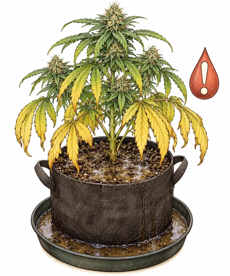 Cannabis plant with yellowing, drooping leaves and wet soil after flushing too early