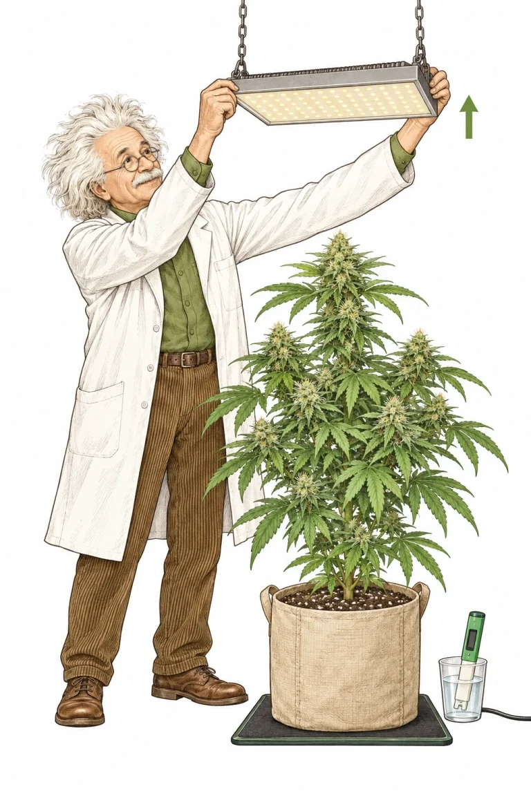 A grower raises the LED grow light, the fabric pot sits on a heat mat, a pH meter next to it