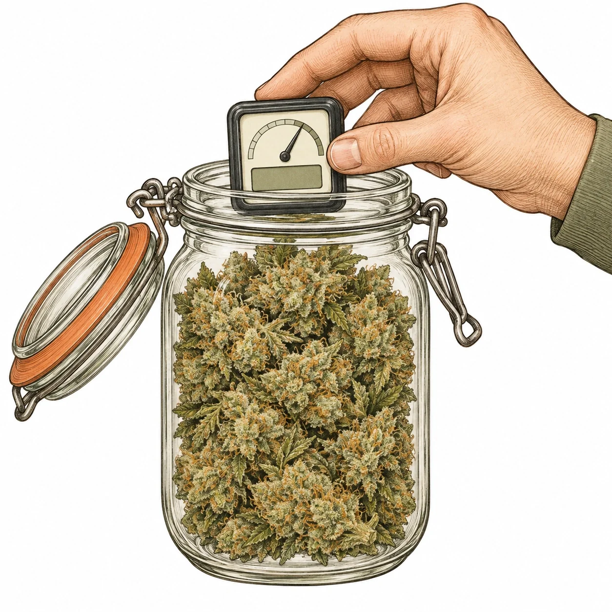 Hand hält Hygrometer an Cannabis Einmachglas Curing