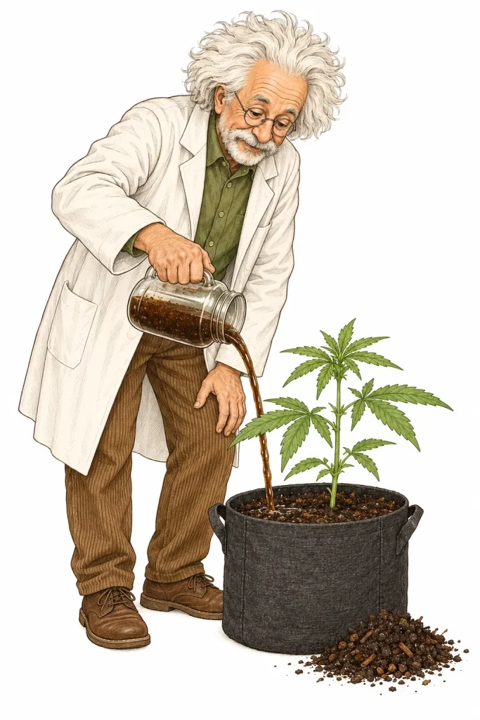 Homemade compost tea for cannabis being poured into the soil of a young cannabis plant