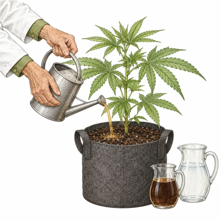 Der PlantMentor gießt verdünnten Komposttee aus einer Gießkanne auf eine Cannabispflanze im Stofftopf